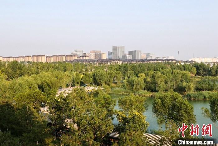 從完成頂層設(shè)計到如火如荼大規(guī)模建設(shè)，六年來，雄安新區(qū)如春天的竹子一般拔節(jié)生長，這座承載千年大計的“未來之城”已雄姿初顯。從“一張白紙”開始著墨，如今的雄安新區(qū)已是濃墨重彩的“山水畫”。<a target='_blank' href='/'>中新社</a>記者近日走訪了雄安新區(qū)多地，從“藍綠金”三色感受這座“未來之城”的巨大變化。圖為7月18日拍攝的河北雄安新區(qū)金湖公園。 <a target='_blank' href='/'>中新社</a>記者 易海菲 攝