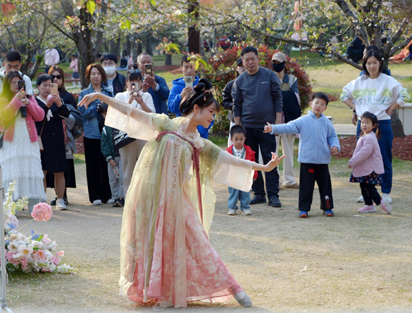 清明假期期間，上海顧村公園櫻花島上，游客在觀賞國風(fēng)漢服快閃表演。（圖片來源：視覺中國）