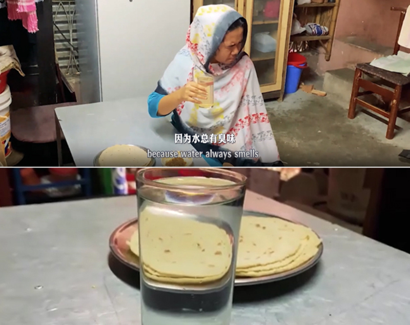 圖為紀(jì)實(shí)短片截圖:上圖為水質(zhì)未改善前,飲用水發(fā)黃渾濁;下圖為水廠(chǎng)建成后,飲用水水質(zhì)明顯改善,清澈透明。