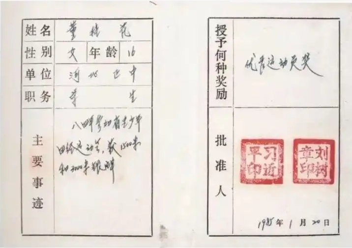 圖為1985年1月,時(shí)任正定縣委書(shū)記的習(xí)近平為參賽運(yùn)動(dòng)員頒發(fā)的“優(yōu)秀運(yùn)動(dòng)員獎(jiǎng)”。