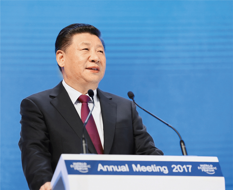 2017年1月17日，習(xí)近平主席在瑞士達(dá)沃斯國(guó)際會(huì)議中心出席世界經(jīng)濟(jì)論壇2017年年會(huì)開(kāi)幕式，并發(fā)表題為《共擔(dān)時(shí)代責(zé)任 共促全球發(fā)展》的主旨演講。